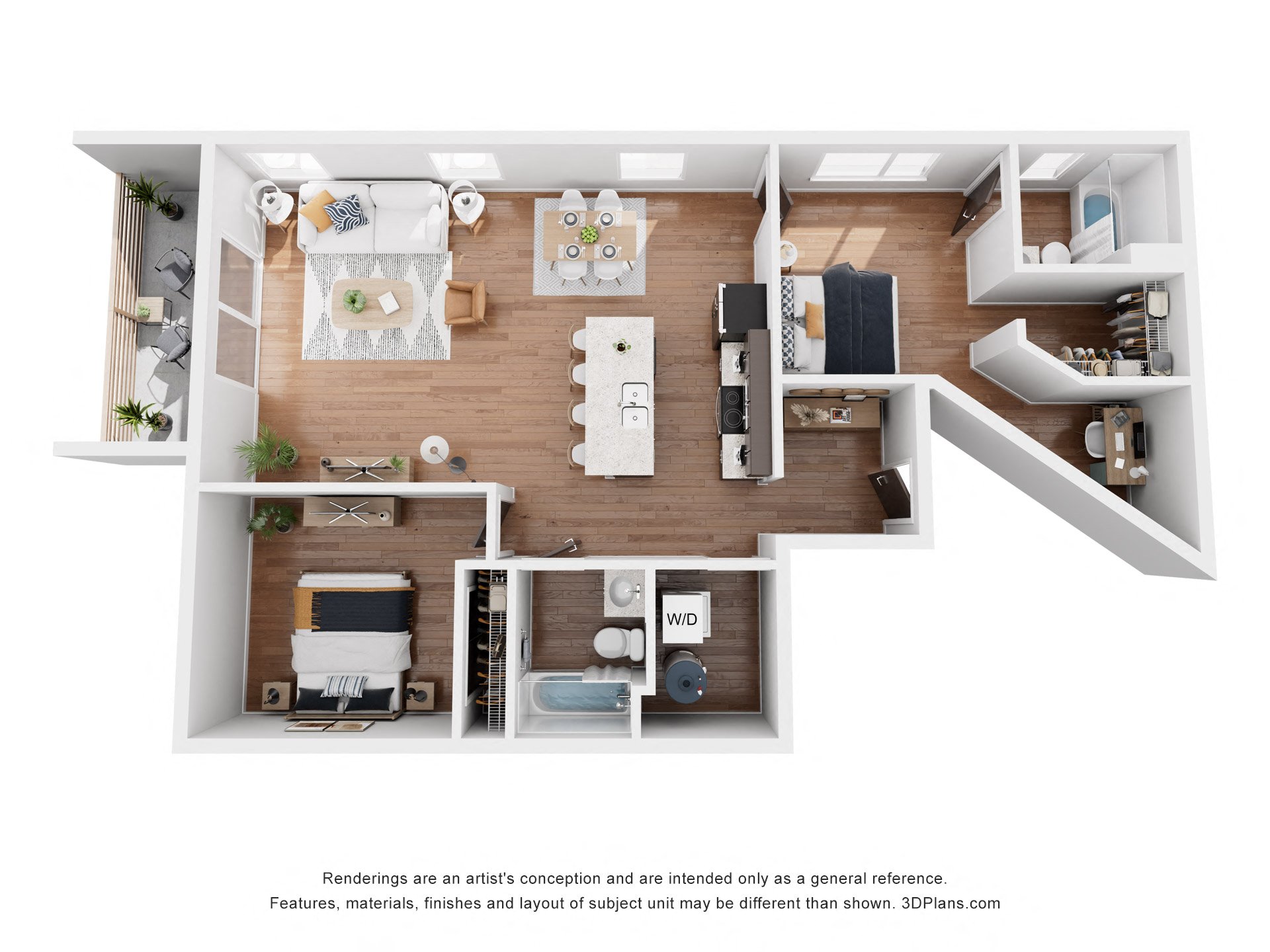 Floor plan for 2 beds, 2 baths, 1025 sqft